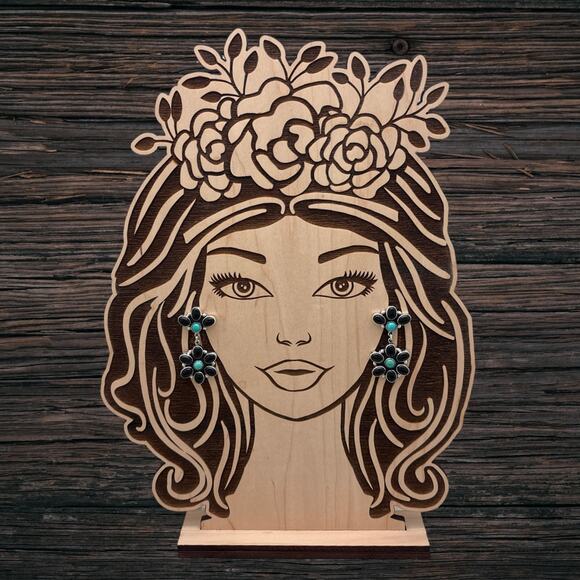 FEDERICO JIMENEZ Sterling Onyx & Turquoise Floral Cluster Post Dangle Earrings - Picture 3 of 3